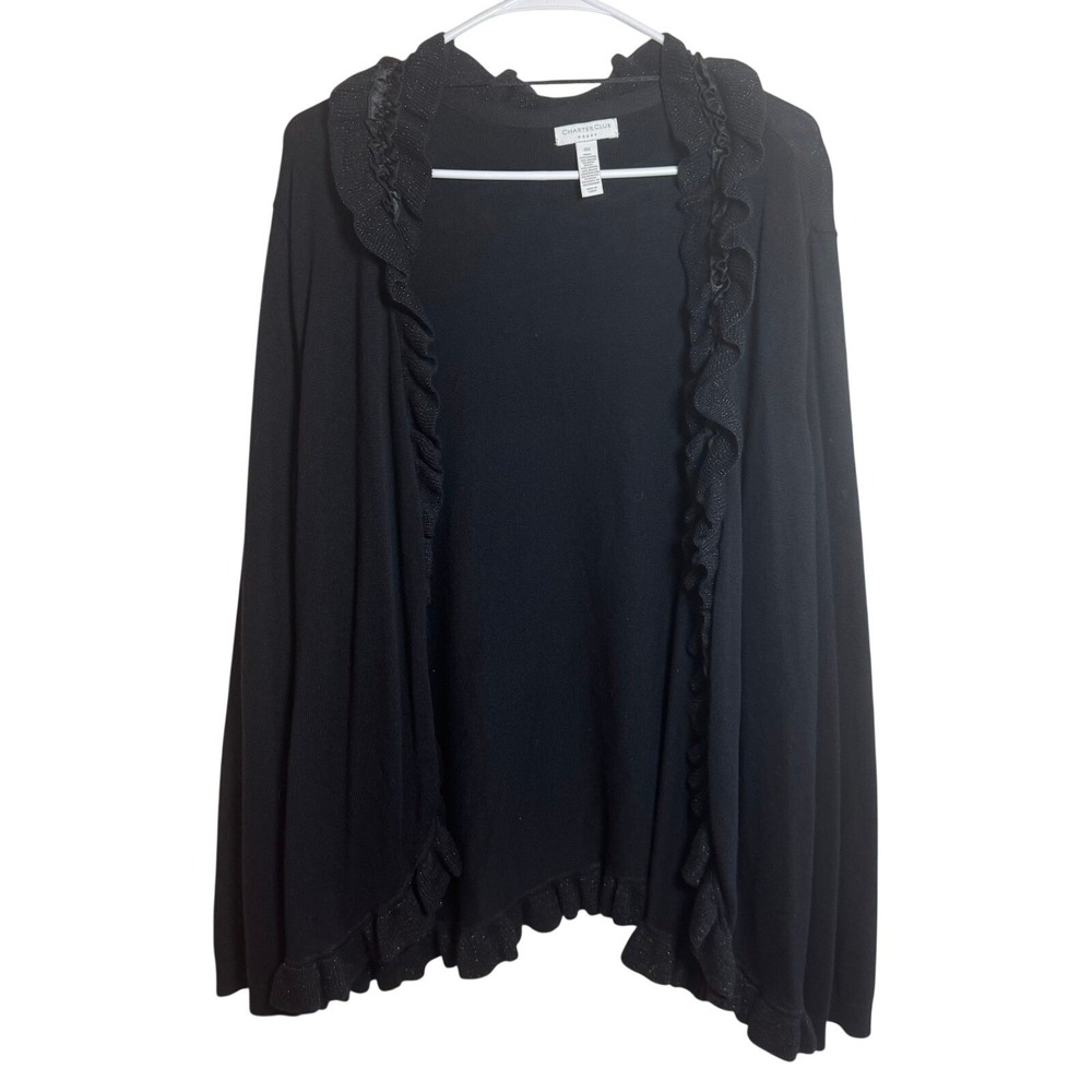 Charter Club Woman Black Ruffle Open Front Cardigan Sweater Metallic Trim 3X